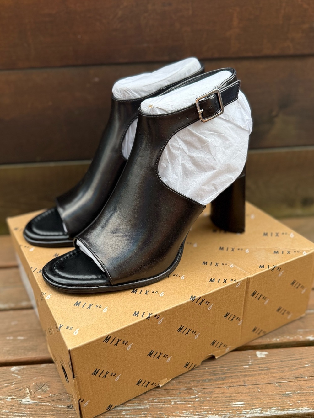 NIB Black Mix No. 6 Peep-Toe Heeled Sandles
